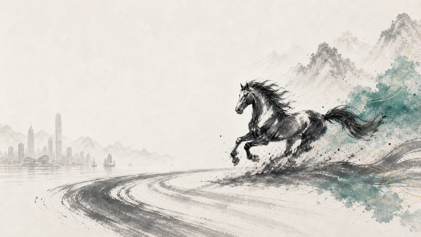 Ink-wash horse representing strength, balance, and long-term health